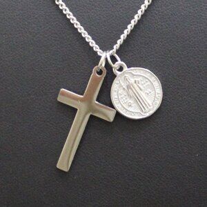 Silver Cross & Saint Benedict Medal Pendant Set